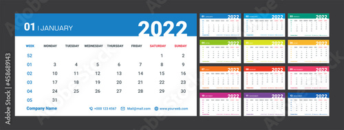 2022 Weekly Planning Calendar. Colorful set.