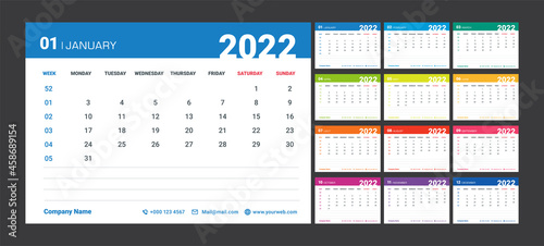 Calendar 2022 template planner Vector new year calender, simple style and colorful,Holiday event planner,12 month annual timetable diary. Memo Space.