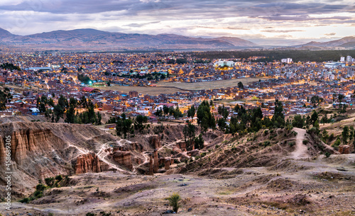 Torre Torre rock formations and skyline of Huancayo in Peru photo