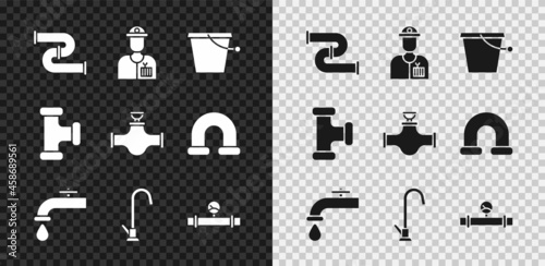Set Industry metallic pipe, Plumber, Bucket, Water tap, and manometer, and valve icon. Vector