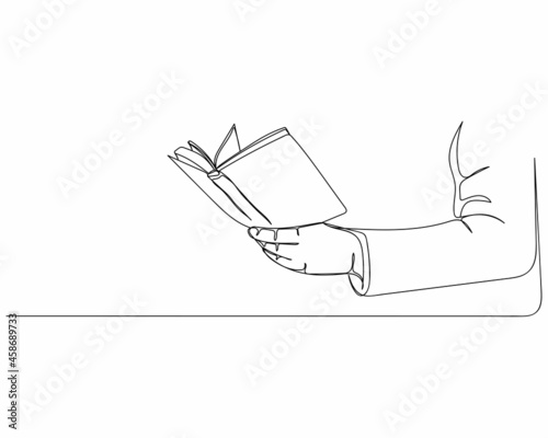 Continuous one line drawing of hand holding book reading concept in silhouette on a white background. Linear stylized.Minimalist.