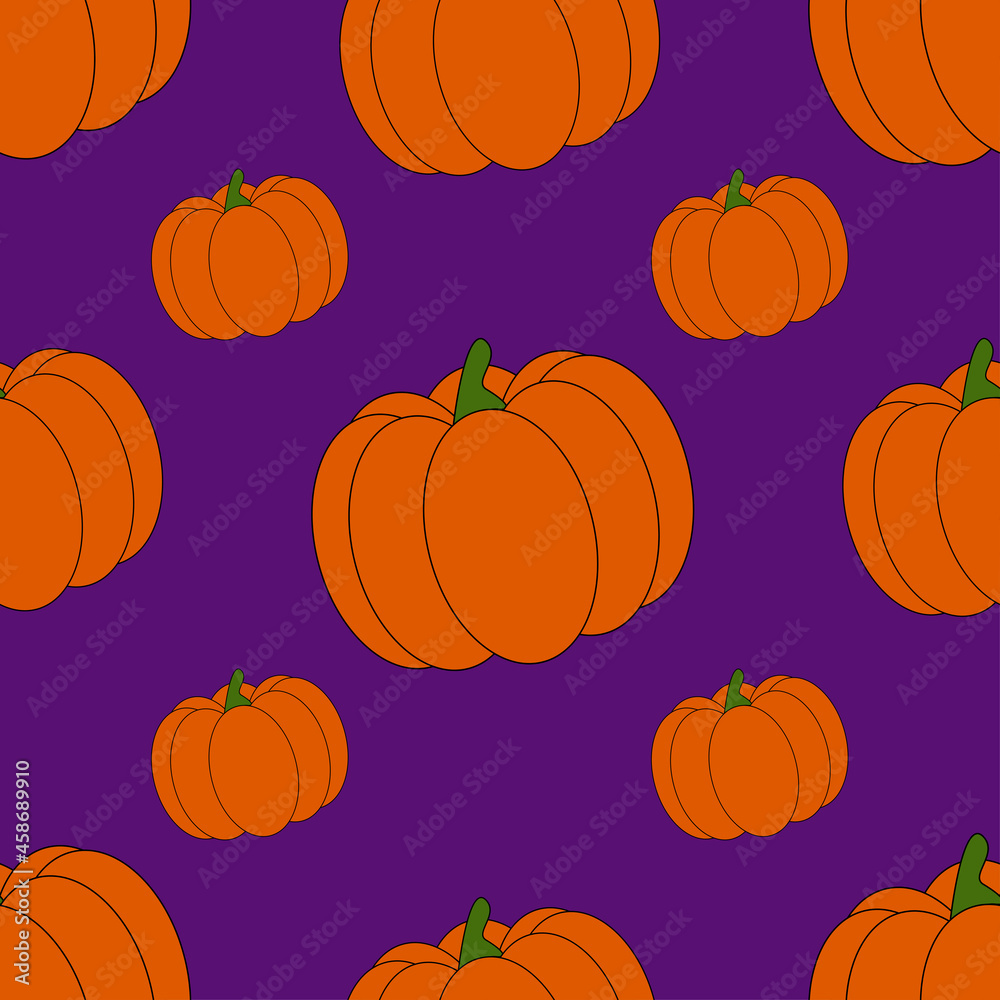 Seamless Halloween pumpkin pattern. Orange pumpkin on purple background. Cute pattern for wrapping paper, textile prints, wallpapers.Vector illustration