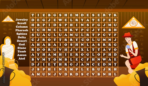 Ancient egypt word search riddle for kids with boy archeologist inside pyramide and mummy
