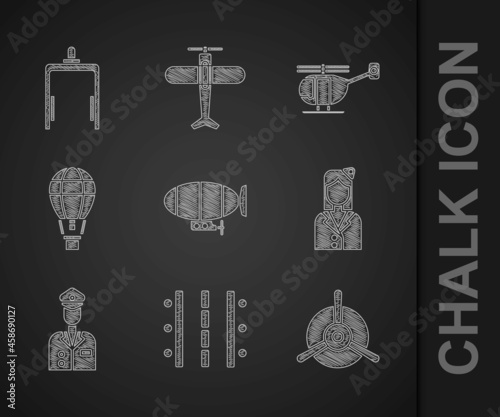 Set Airship, Airport runway, Plane propeller, Stewardess, Pilot, Hot air balloon, Helicopter and Metal detector in airport icon. Vector