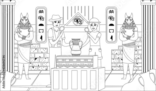 Ancient Egypt pyramide inside coloring book page for kids and adults with archeologists searching for treasure