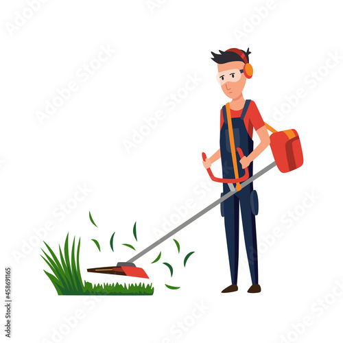 Professional gardener working on backyard and mowing lawn with electric mower. Male handyman cutting grass in garden. Colored flat cartoon vector illustration of professional worker
