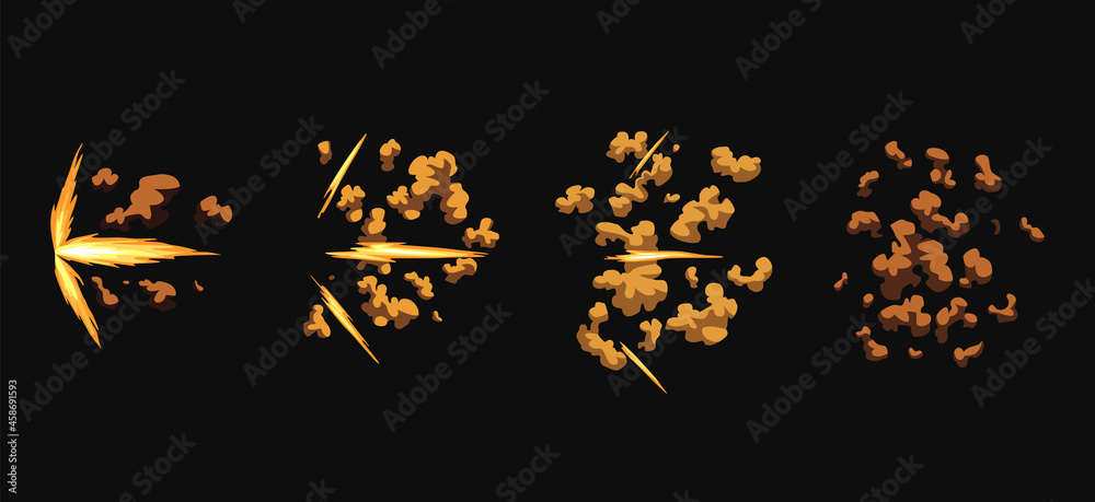 Gun flashes or gunshot animation. Cartoon flash effect of bullet start. Shotgun fire, muzzle flash and explode. Flashes with smoke and fire sparkles
