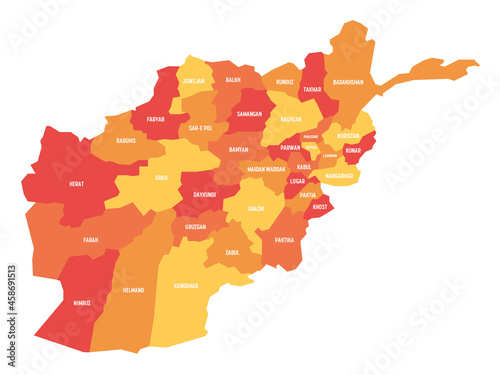 Orange political map of Afghanistan. Administrative divisions - provinces. Simple flat vector map with labels.