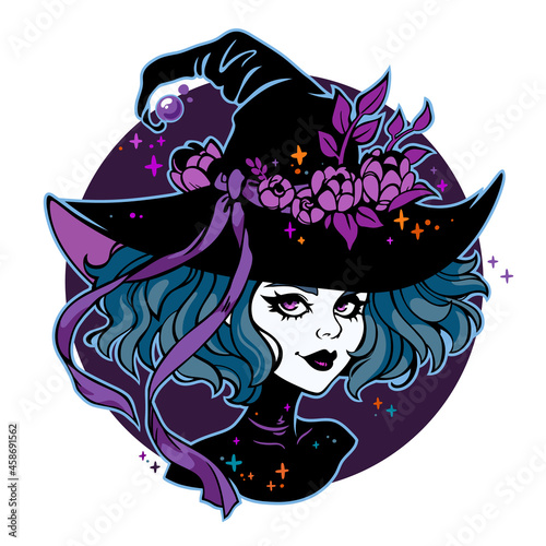 Fotografiet cute gothic witch wearing a hat with flowers
