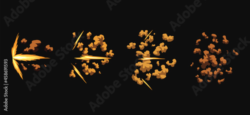 Gun flashes or gunshot animation. Cartoon flash effect of bullet start. Shotgun fire, muzzle flash and explode. Flashes with smoke and fire sparkles