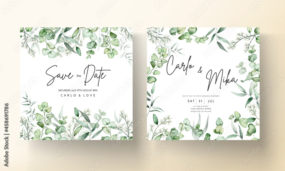 elegant eucalyptus leaves watercolor wedding invitation card