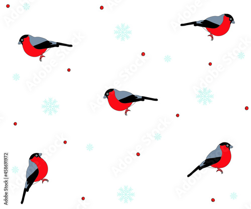 seamless winter pattern with bullfinches,mountain ash and snowflakes