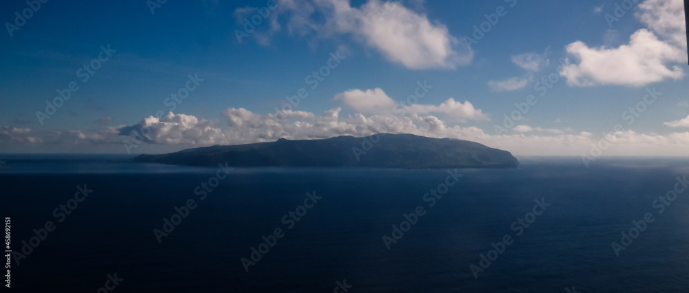 Aerial panoramic view to Corvo island, Azores, Portugal