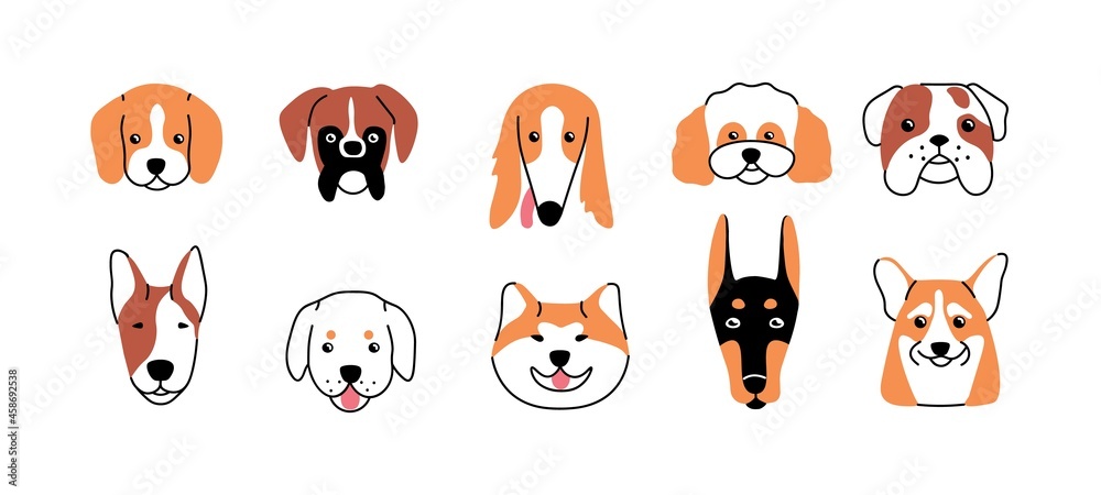 Dog avatars set. Cute funny faces and heads of doggies. Canine portraits of happy puppies with adorable snouts. Line art pups of different breeds. Flat vector illustration isolated on white background Dog avatars set. Cute funny faces and heads of doggies. Canine portraits of happy puppies with adorable snouts. Line art pups of different breeds. Flat vector illustration isolated on white background