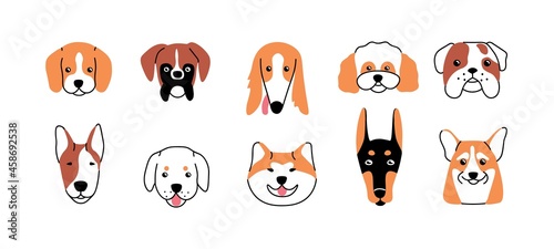 Dog avatars set. Cute funny faces and heads of doggies. Canine portraits of happy puppies with adorable snouts. Line art pups of different breeds. Flat vector illustration isolated on white background