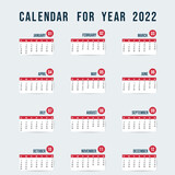 Calendar for 2022  design template isolated on a white background. Sunday to Monday,  , Flat cartoon flat style. illustration Vector EPS 10