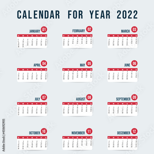 Calendar for 2022 design template isolated on a white background. Sunday to Monday, , Flat cartoon flat style. illustration Vector EPS 10