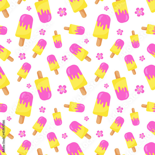 Funny seamless pattern with colorful ice creams on stick. Yellow, pink and white colors. Positive summer mood. Endless design. Print for textile, clothes, gift wrap, cards, design and decor