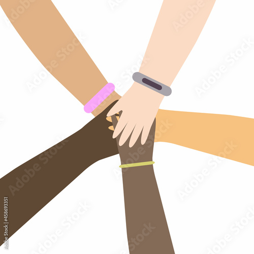 A poster depicting the hands of people of different nationalities stacked together. Vector illustration.