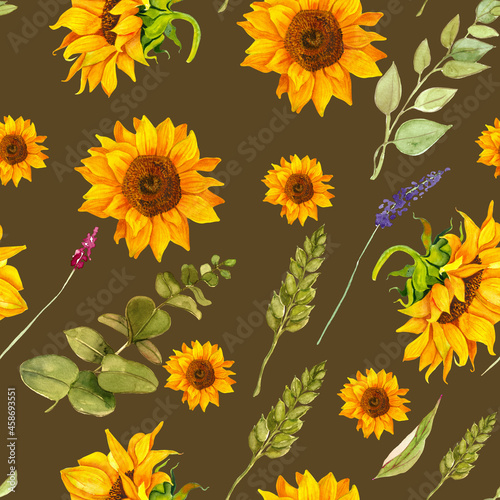 Bright seamless pattern with sunflowers, branches, eucalyptus leaves, wheat, wildflowers.