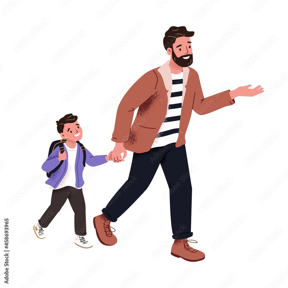 Father walking his son to school. Happy dad and child going and talking together. Young daddy and boy kid. Parent and schoolboy with schoolbag. Flat vector illustration isolated on white background Father walking his son to school. Happy dad and child going and talking together. Young daddy and boy kid. Parent and schoolboy with schoolbag. Flat vector illustration isolated on white background
