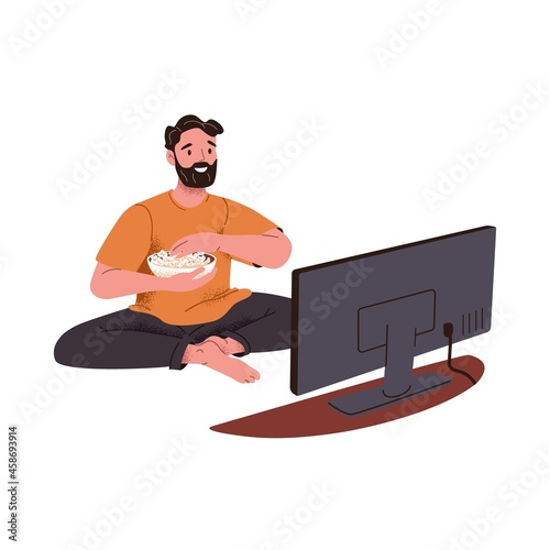 Happy man watching movie on TV. Smiling guy resting with cinema and popcorn snack at home. Person relaxing at television at leisure time. Flat vector illustration isolated on white background
