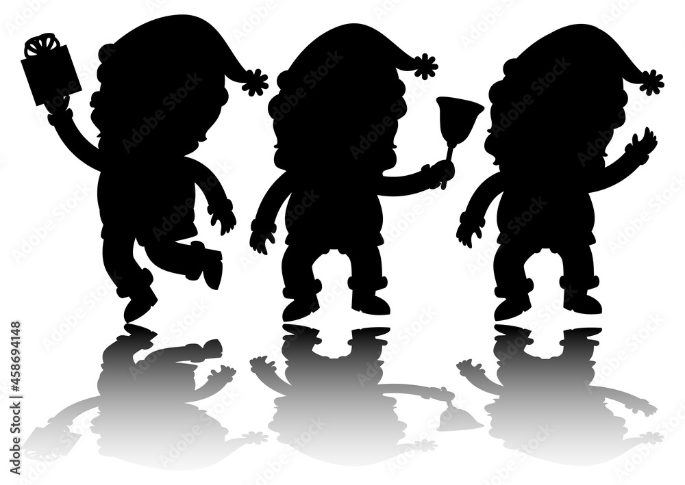Set of Santa Claus cartoon character silhouette with reflex