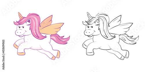 A cute winged unicorn, in shades of pastel pink, black and white version to color in. Printable activity pages for children. EPS10 vector format