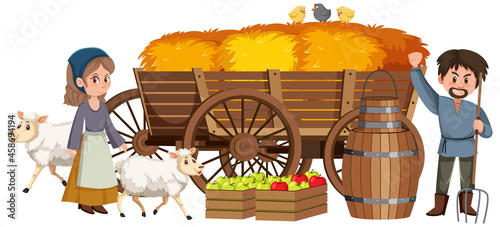 Couple medieval peasants with haystack in a cart
