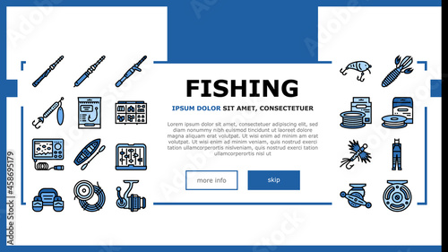 Fishing Shop Products Landing Web Page Header Banner Template Vector. Bait Cast Reel With Monofilament Line And Spinning, Kayak Boat And Weights Fishing Accessories Illustration