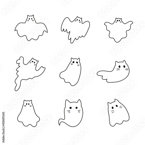 Cute ghost cats Halloween collection. Funny spooky character.