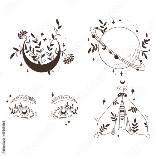 Mystical signs. Moon, eyes, planet, motocross. Illustrations for astrology. Illustrations for tattoos. 4 separate illustrations.