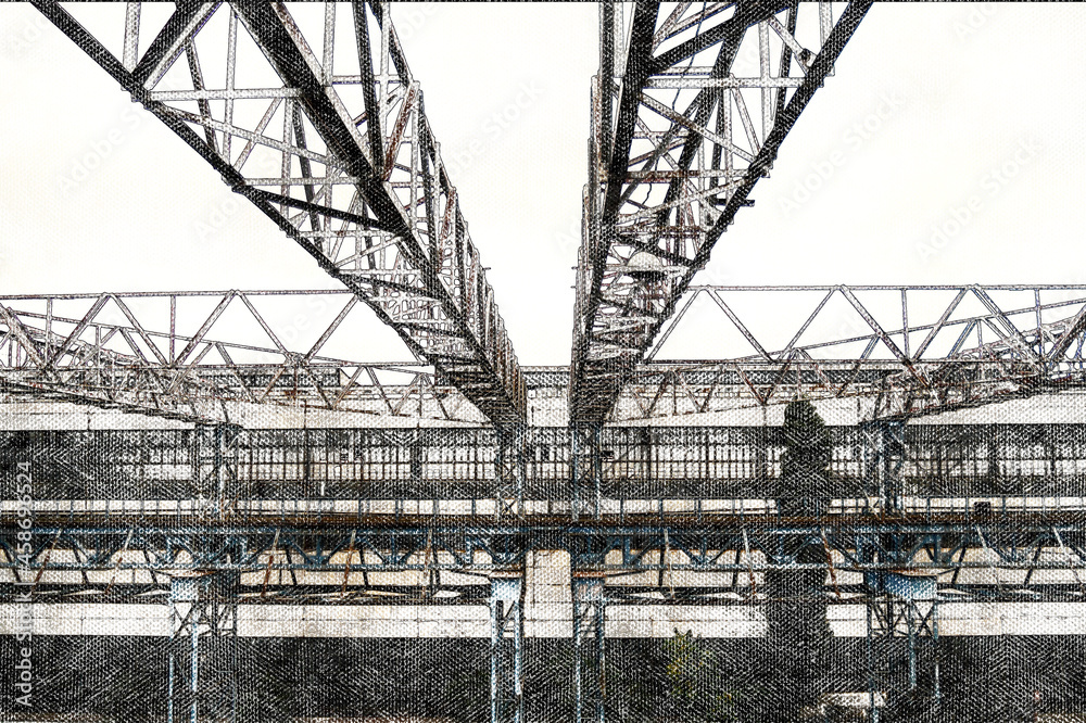 Industrial Landscape. Factory metalwork. Bridge cranes, metal trusses over production areas. Digital watercolor painting