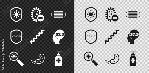 Set Shield protecting from virus, Negative, Medical protective mask, Virus under magnifying glass, Bottle of liquid antibacterial soap, and icon. Vector