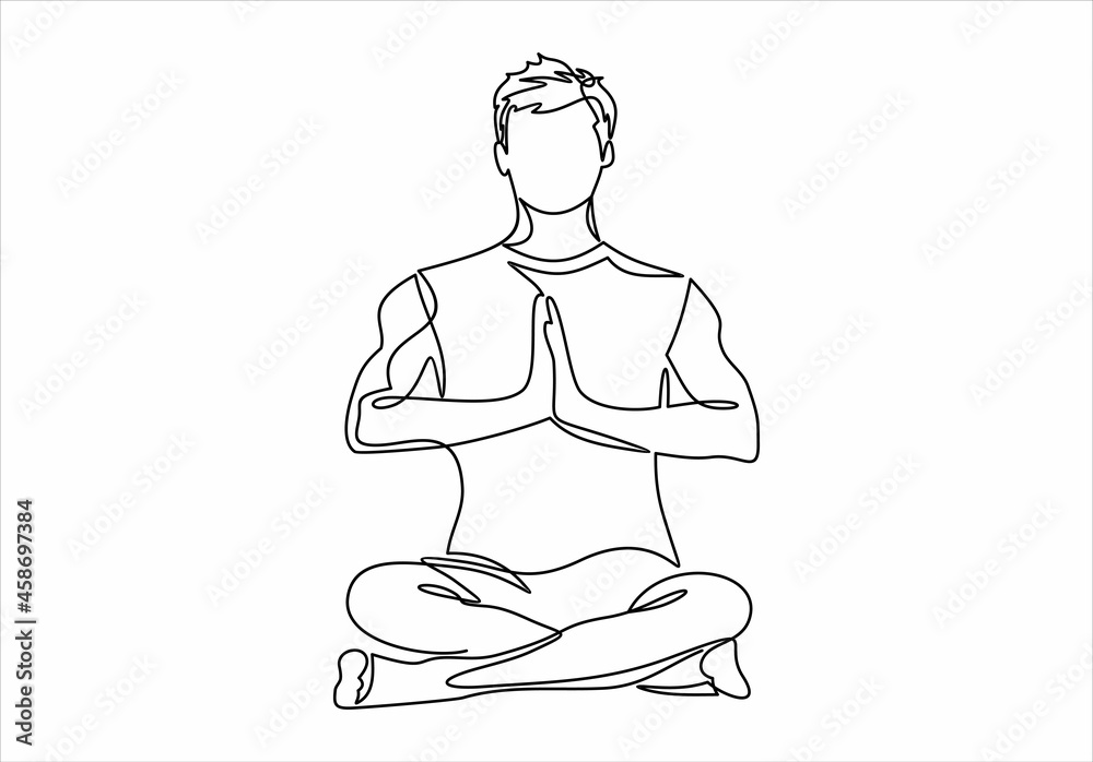 Continuous line art or one line drawing of man doing exercise in yoga pose. Sitting with cross leg. Yoga lotus pose.