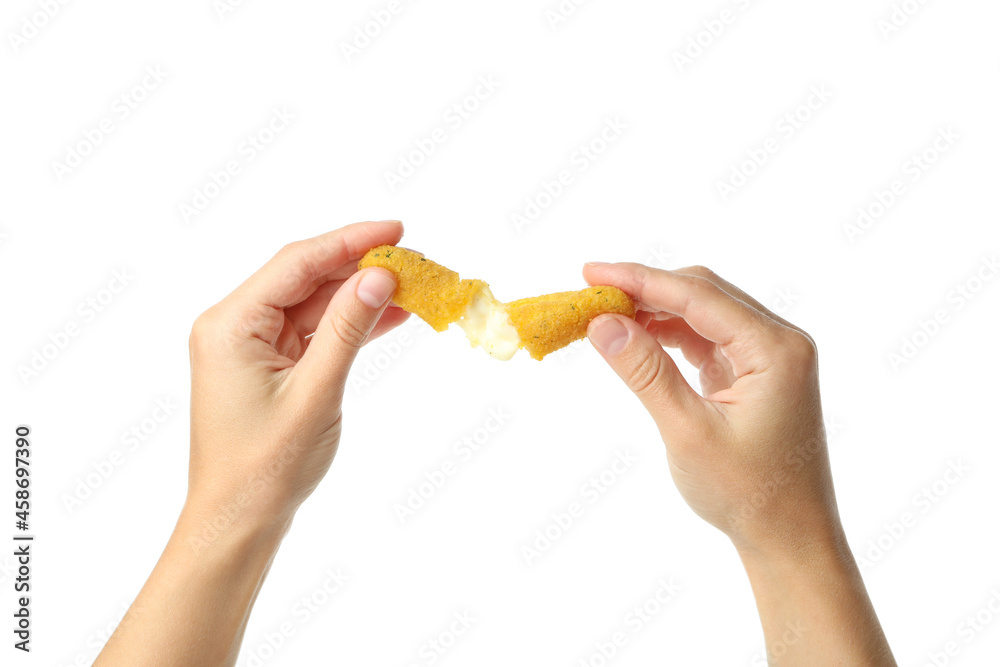 Female hands hold cheese stick, isolated on white background