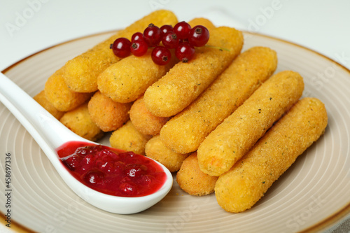 Concept of tasty food with cheese sticks, close up
