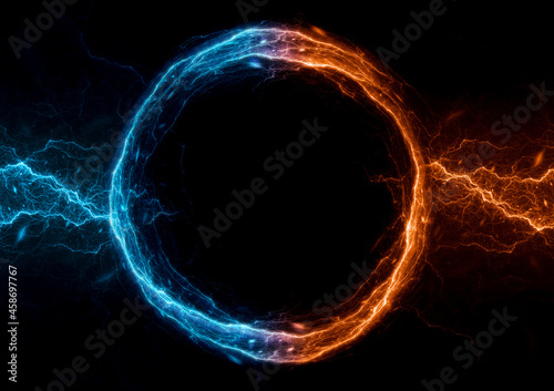 Fire and ice lightning circle with copy space