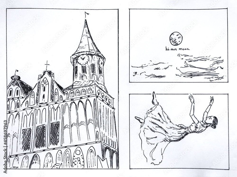 sketch of the church, moon and falling lady