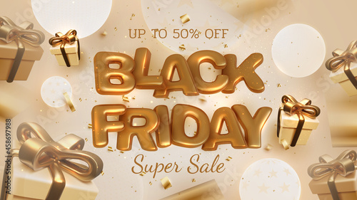 Black friday sale banner background, realistic 3d luxury gold lettering with gift box and ball element. vector illustration.