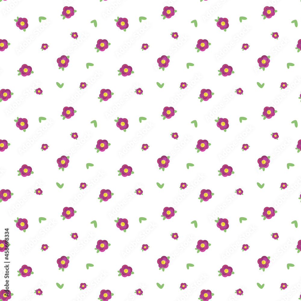 Small red rose flowers with yellow middle green leaves on white background seamless vector pattern