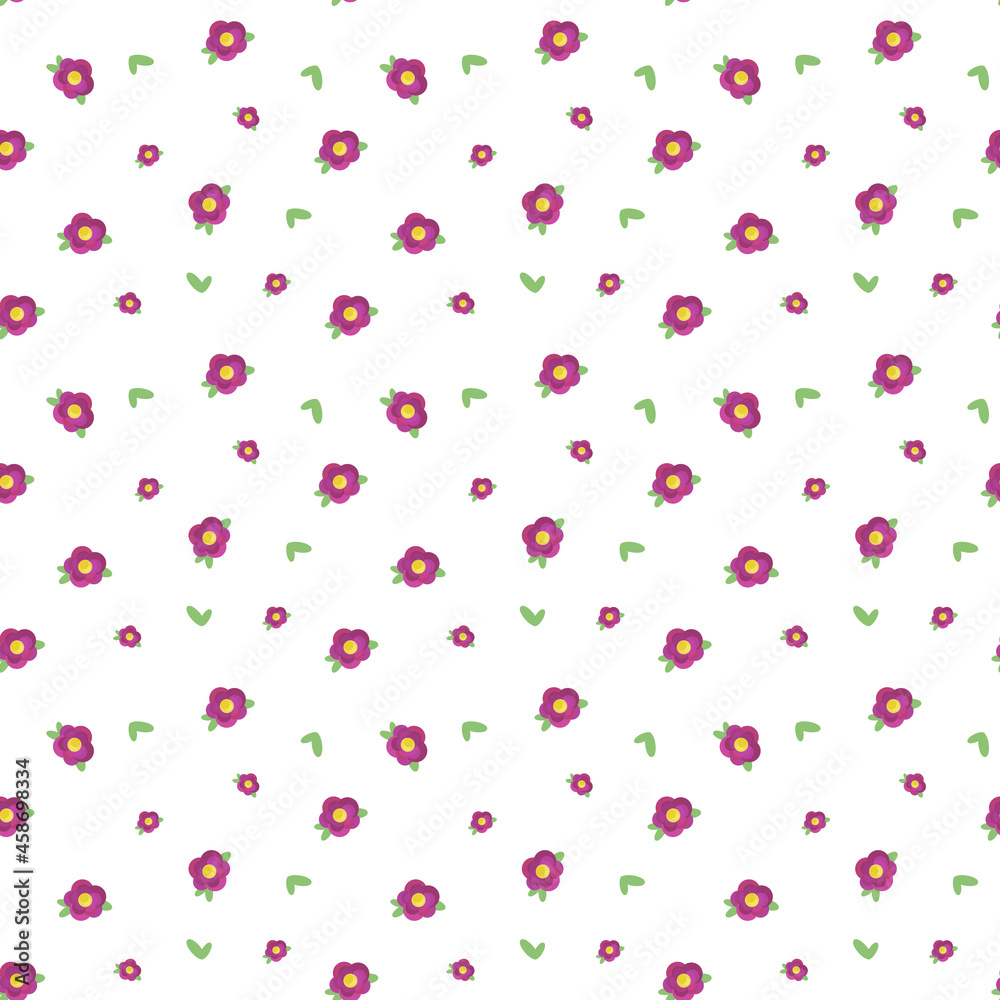 Small red rose flowers with yellow middle green leaves on white background seamless vector pattern Small red rose flowers with yellow middle green leaves on white background seamless vector pattern