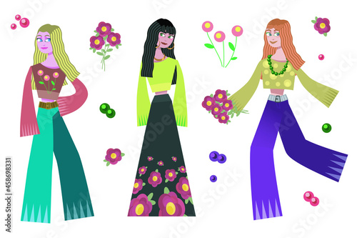 Wallpaper Mural Three girls blonde, brunette and redhead in hippie outfits with flowers isolated vector on white background Torontodigital.ca