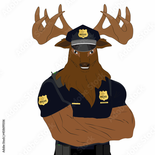 Благородный олень в форме полицейского. Вапити в форме полицейского.