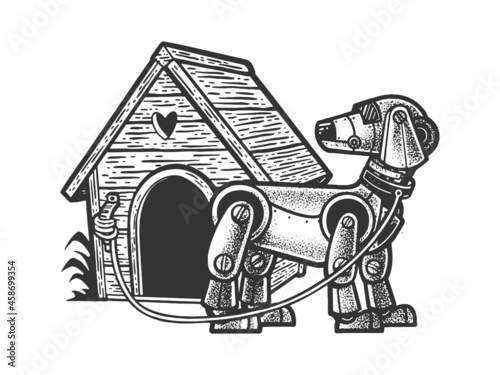 robot dog near the booth sketch engraving vector illustration. T-shirt apparel print design. Scratch board imitation. Black and white hand drawn image.