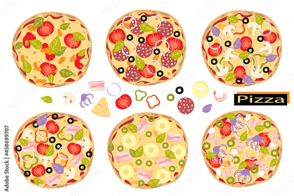 Set of pizza with tomato, cheese, sausage pepperoni, basil, mushroom, pepper, olive, seafood, shrimp, ham, pineapple. Italian food. Cartoon style. Set of pizza with tomato, cheese, sausage pepperoni, basil, mushroom, pepper, olive, seafood, shrimp, ham, pineapple. Italian food. Cartoon style.
