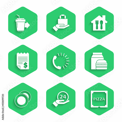 Set Food ordering, Clock 24 hours, Pizza cardboard box, Online and burger delivery, Plate, Paper financial check, and Coffee cup to go icon. Vector