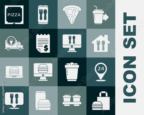 Set Online ordering burger delivery, Round the clock, and, Slice of pizza, Paper financial check, Fast by car, Pizza cardboard box and icon. Vector