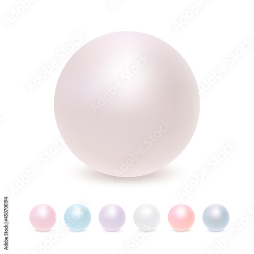 Pearl Set isolated on White Background. Spherical Beautiful 3D Orb with Transparent Glares and Highlights. Jewel Gems.
