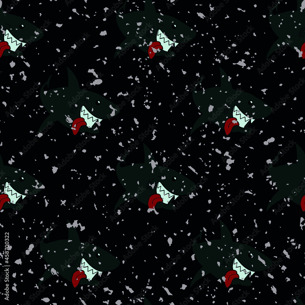 Seamless shark pattern. Black background. Cloth. Seamless shark pattern. Black background. Cloth.